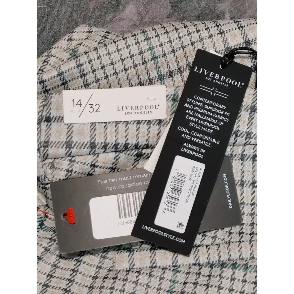 NWT Liverpool Plaid Trouser Pants Slash Pockets Flat Front Gray Womens 14/32